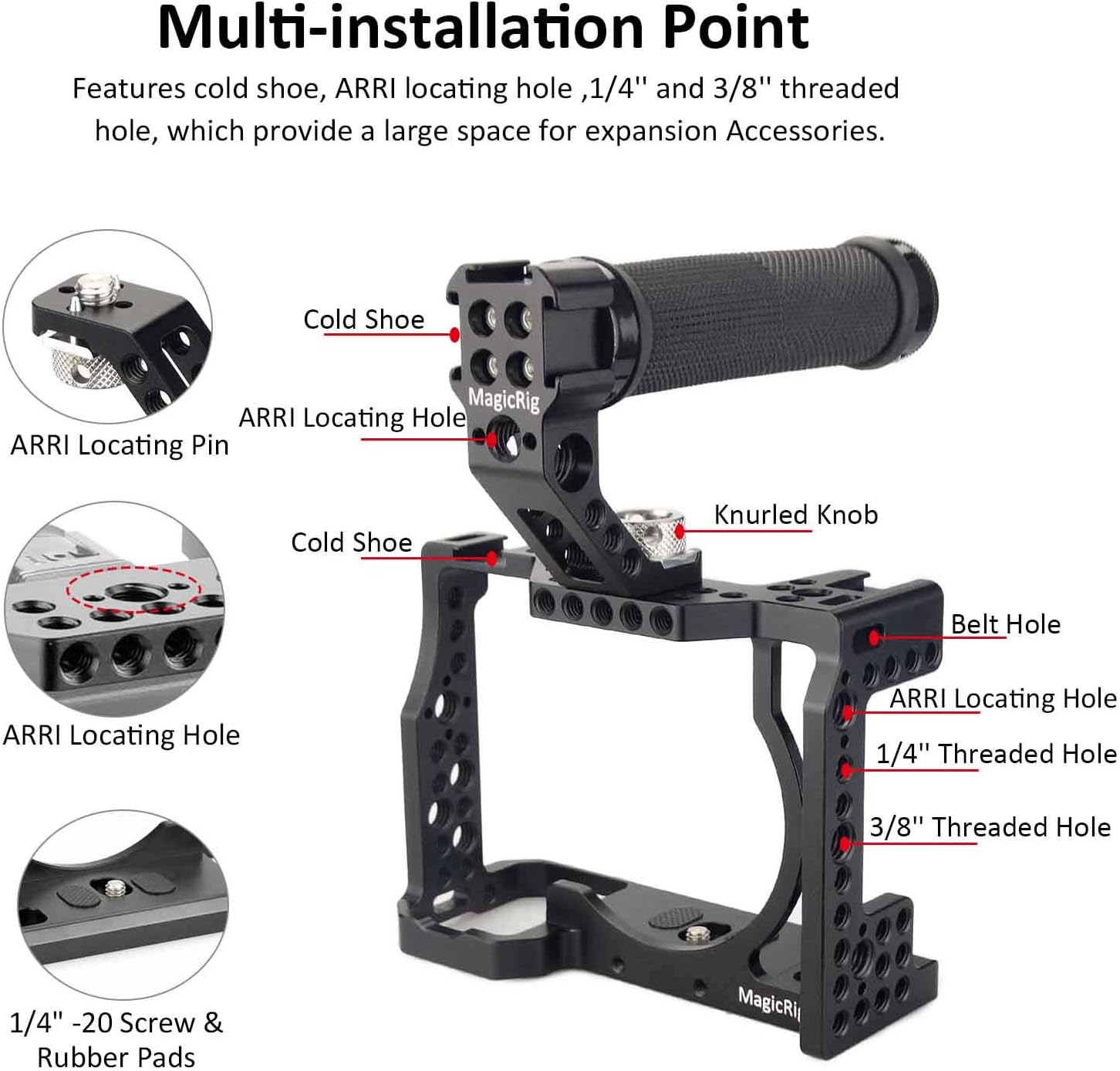 A7RIII /A7III /A7M3 Full Cage Only for Sony A7RIII / A7R3 / A7III / A7M3(A7R Mark III/ILCE-7RM3),with 5 Cold Shoe Mount, 1/4"-20 & 3/8"-16 ARRI Threads Hole, Rubber ARRI Locating Top Handle - Image 3