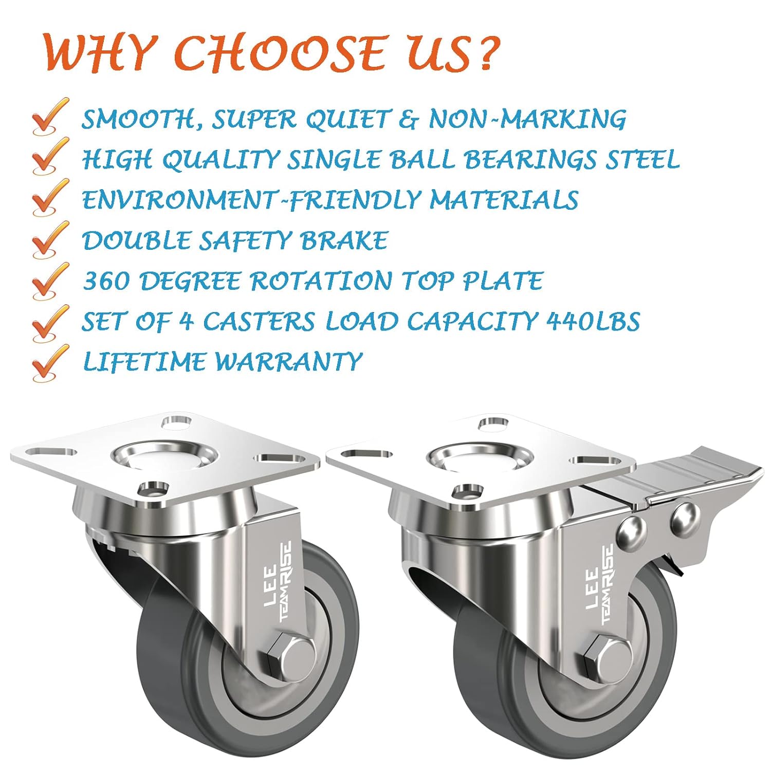 2" Caster Wheels Set of 4 Heavy Duty Plate Casters with Brake 2 inch Dual Locking Castors and No Noise TPR Rubber Wheel No Floor Marks Silent Castor Swivel for Furniture 4 Pack up 440Lbs, Free Screws: Industrial & Scientific