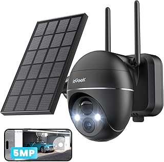 ieGeek 5MP Überwachungskamera Aussen Akku, PTZ Überwachungskamera Aussen WLAN mit Solarpanel,PIR-Bewegungsmelder, 30M Farbige Nachtsicht, Zwei-Wege-Audio, 2.4GHZ WiFi, 4DBi WLAN-Antenne,Alexa Kamera