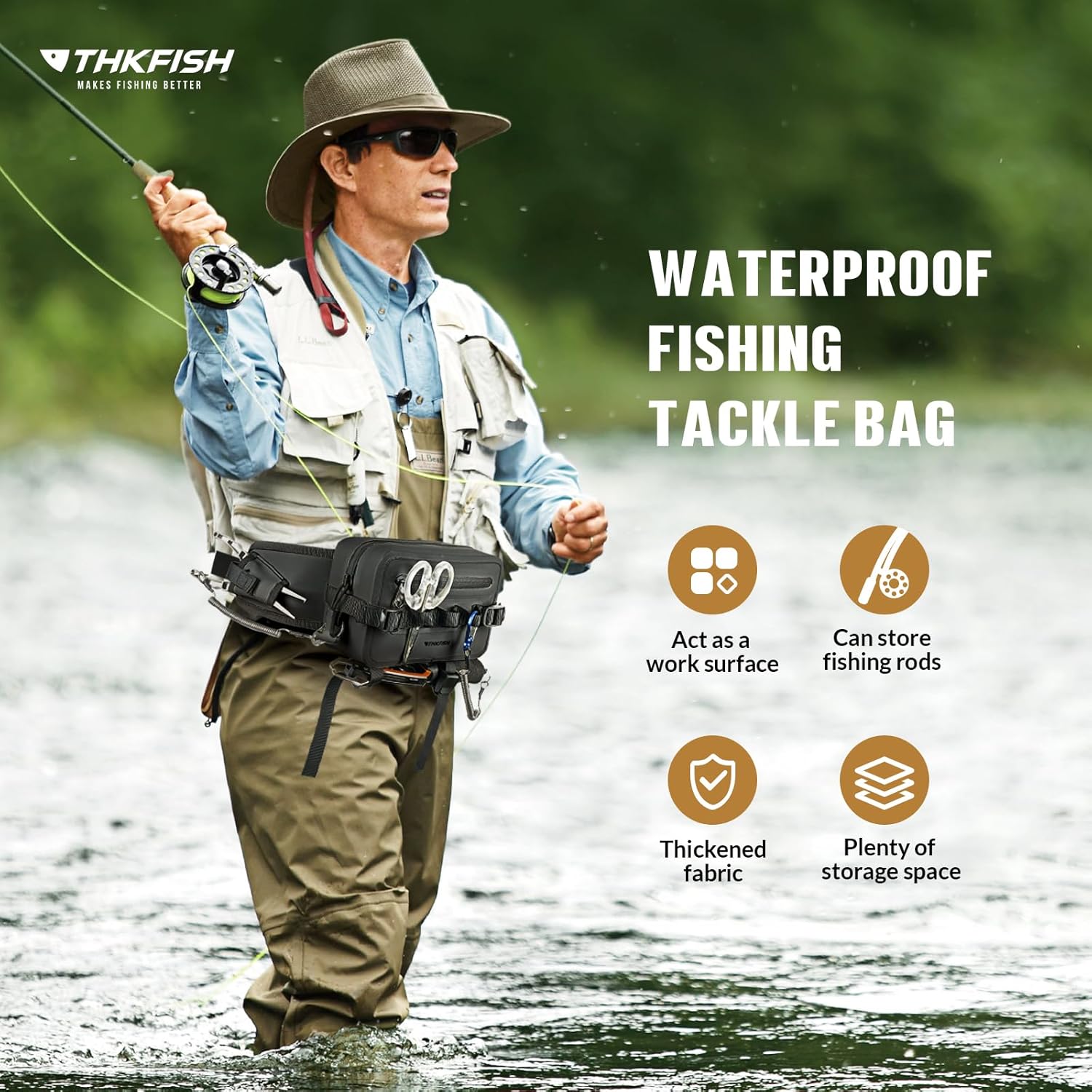 THKFISH Waterproof Fishing Waist Pack with Fishing Rod Holder, Airtight Zipper Closure, Lightweight Sling Fishing Waist Bag for Fly Fishing