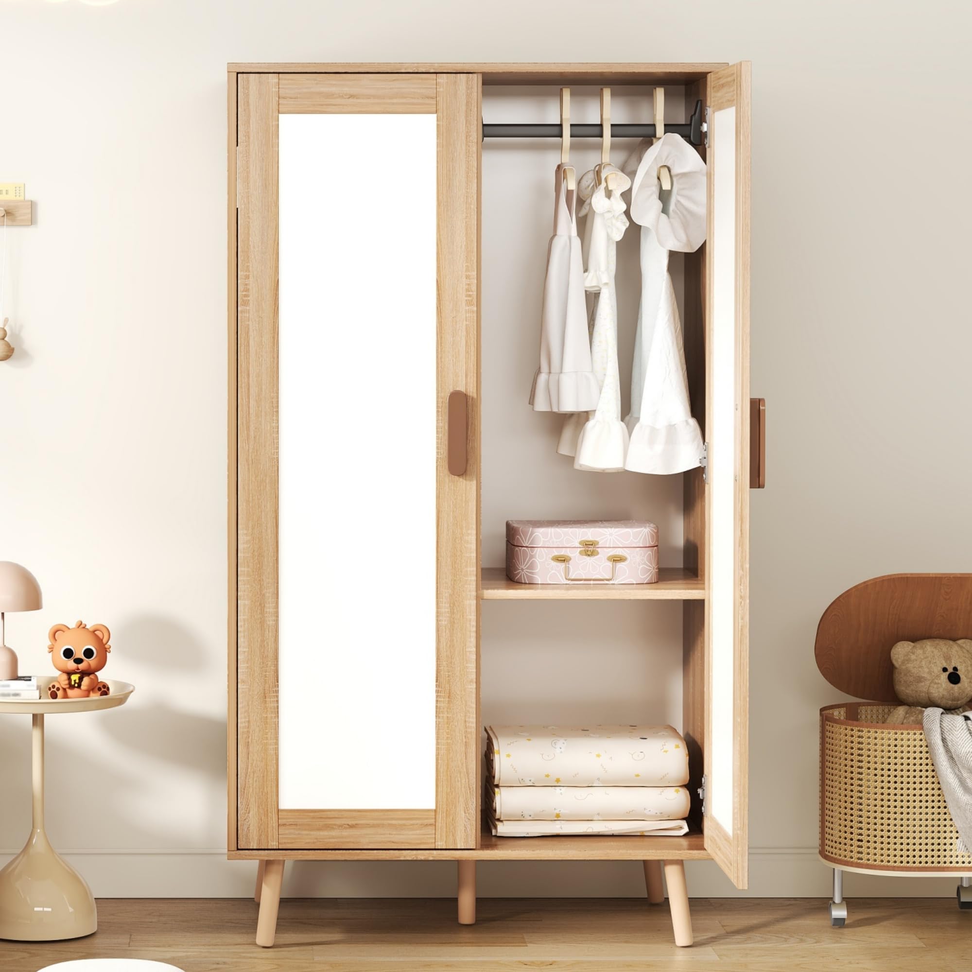 Armario infantil con 2 puertas con barra colgante de 80 x 46 x 141,5 cm, acabado de madera natural, elegante solución de almacenamiento para habitación de niños, diseño duradero y funcional