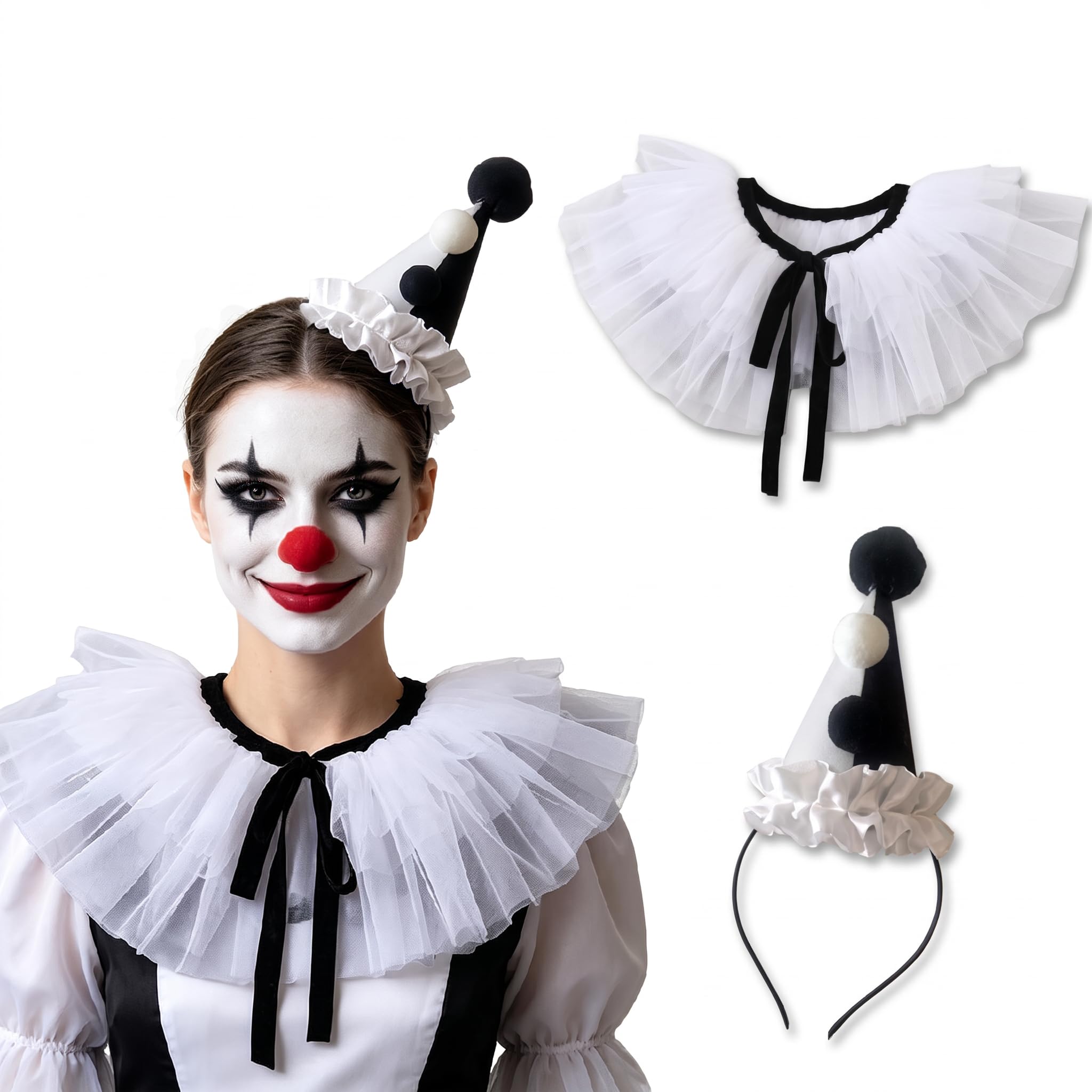 FYKTIK 2 Piece Clown Costume Women Accessories Set, Clown Hat Headband and Neck Ruffle Collar, Halloween Fancy Dress Accessories for Carnival, Christmas, Cosplay and Fancy Dress Parties, White-A — image 1