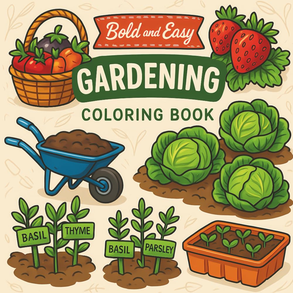 Bold And Easy Gardening Coloring Book: 48 Simple Designs for Relaxation, Bold & Easy Flowers, Plants, and Garden Scenes for Seniors and Adults