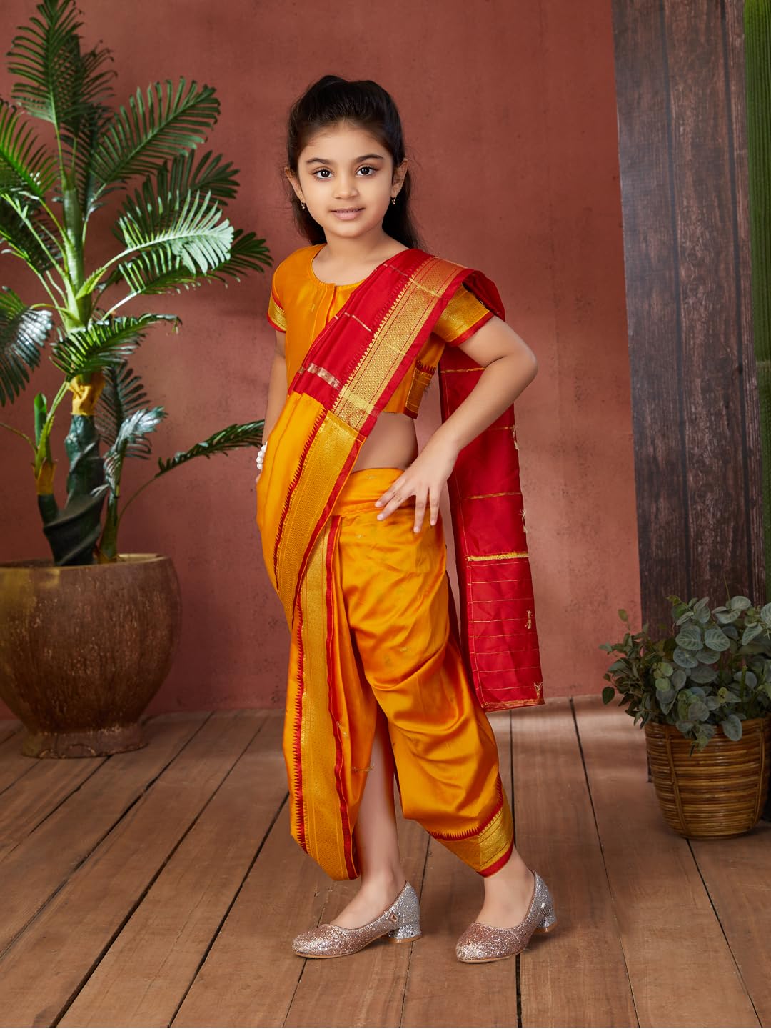 Aarika Girls Ethnic Wear Yellow Colour Shree Nav Silk Saree (4-9 Years)