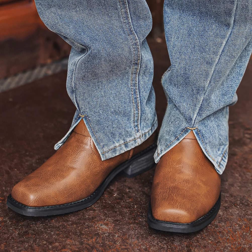Herren Cowboystiefel Mit Reißverschluss An Der Seite Westernstiefel Square Toe Land Arbeit Motorradstiefel