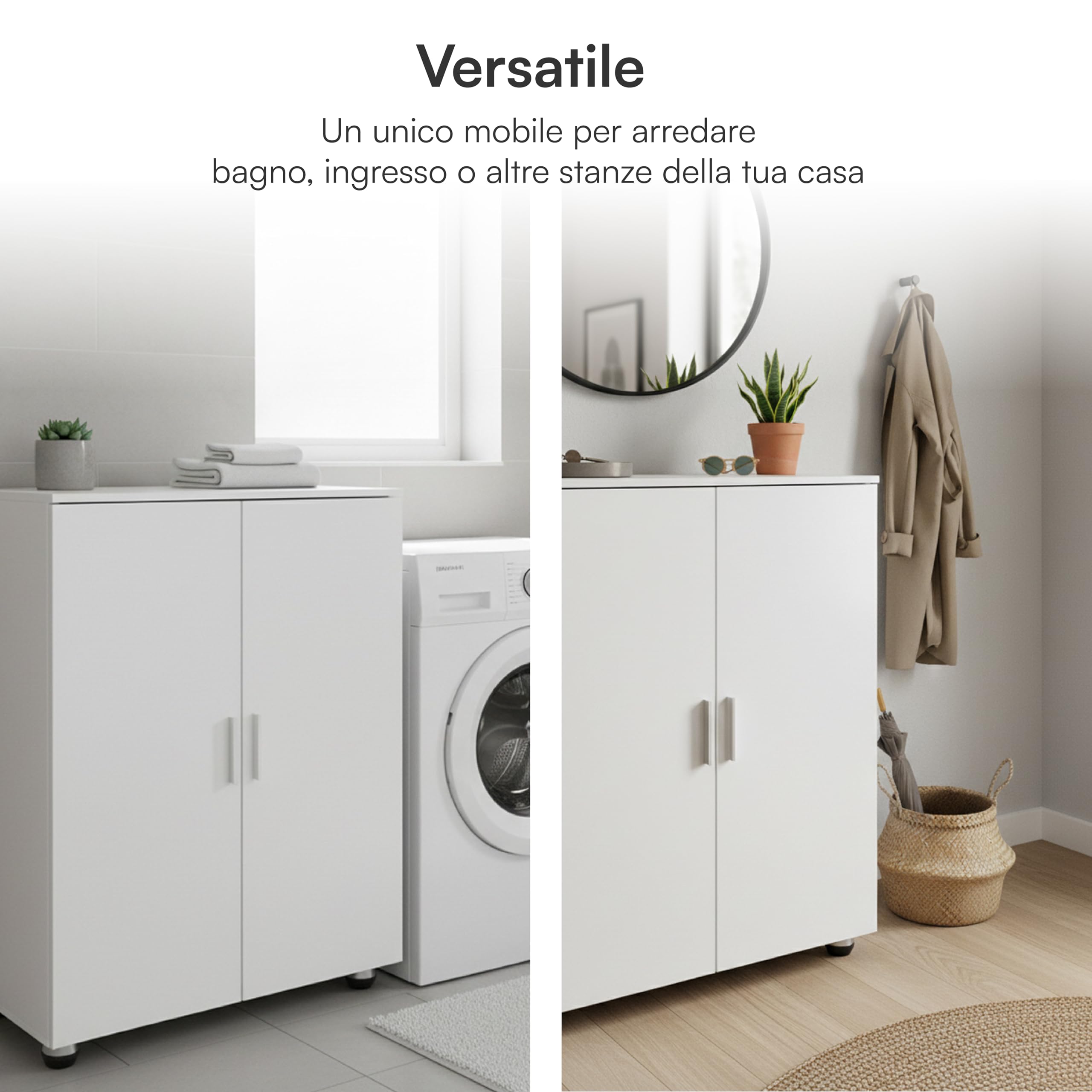Baroni Home Mobile Bagno a 2 Ante con 3 Scomparti Interni, Armadietto Salvaspazio in MDF con Maniglie e Piedi in Acciaio, Mobile Multiuso per Bagno e Lavanderia, 30x60x82 cm (Bianco)