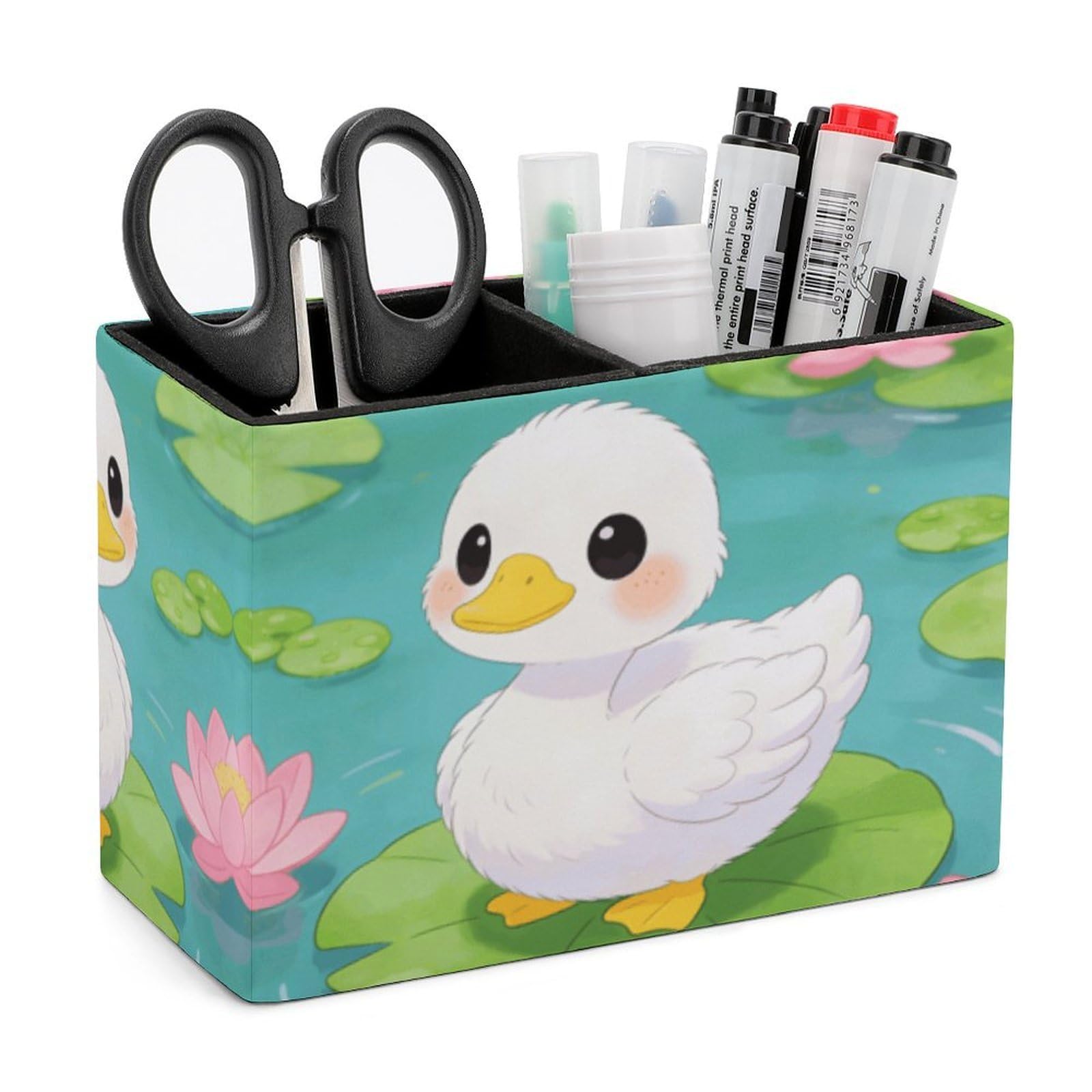 LZQPOEAS Exquisite Patterns PU Leather Pen Holder, Multifunctional Desktop Organizer Caddy with 2 Compartments, Pink Lotus with White Ducks Pencil Cup Makeup Brush Holder for Office Home