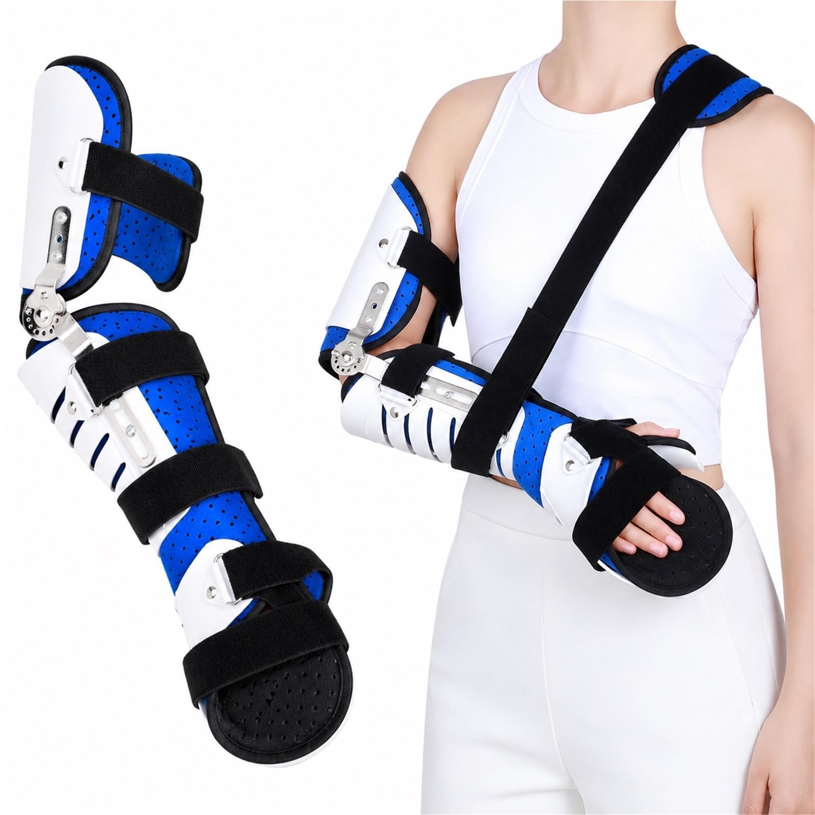 Cabestrillo Inmovilizador de Codo Ajustable con Bisagra ROM y Estabilizador de Hombro Ferula para Fracturas Recuperacion Postoperatoria Lesiones Ligamentos Adulto(Bien)