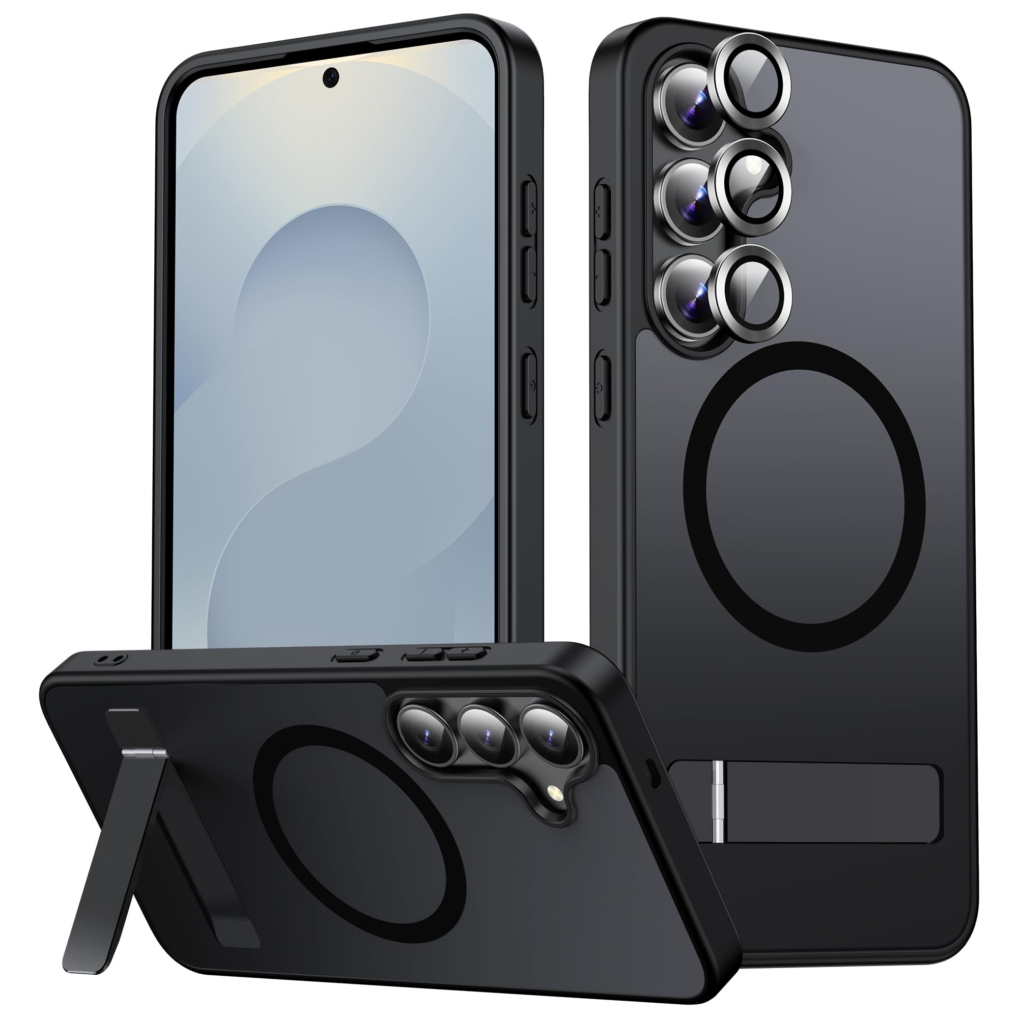 Photo 1 of LEKEVO Magnetic for Samsung Galaxy S25 FE Case Compatible with MagSafe, 3-Way Kickstand, Camera Lens Protector, Wireless Charging Translucent Matte Slim Shockproof Hard Back Phone Cover, Black