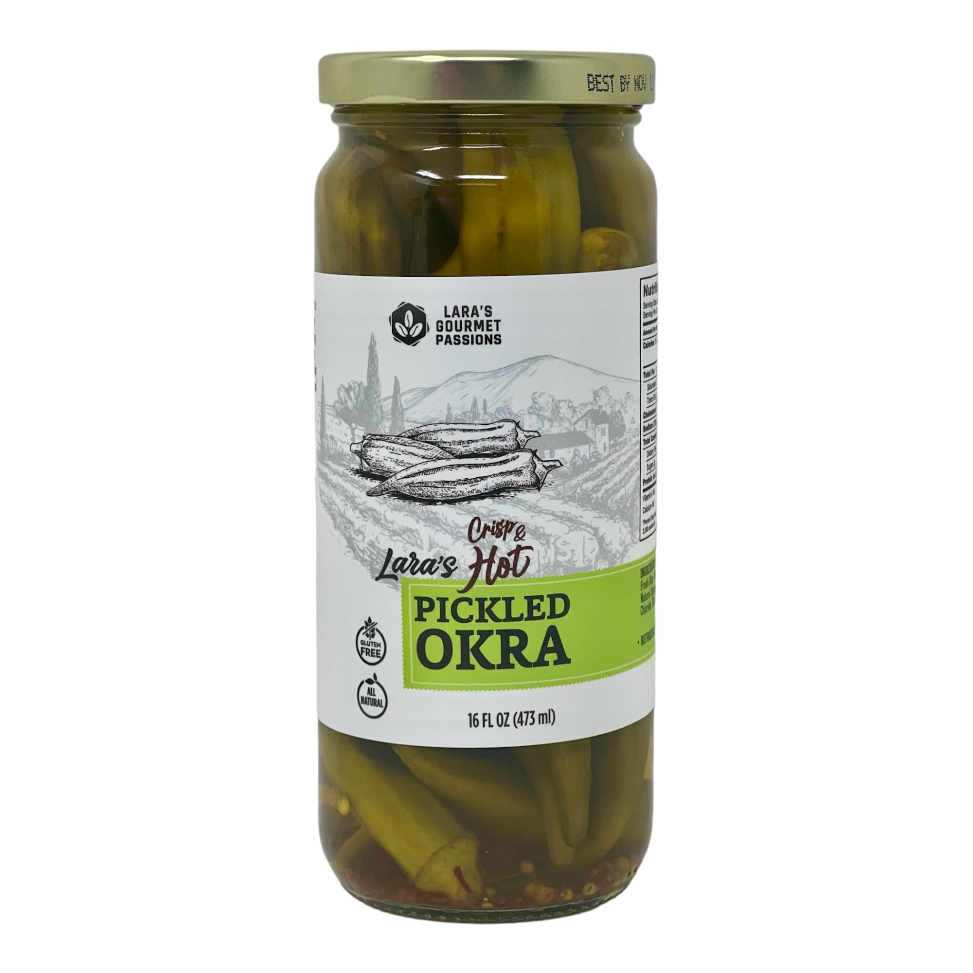 Lara's Crisp and Hot Pickled Okra – (Pack of 2, 16 fl oz each) – Zesty Southern Style Spicy Okra, Ideal for Charcuterie Boards, Gourmet Snacks, and Cocktails – Gluten-Free, All-Natural, Vegan-Friendly