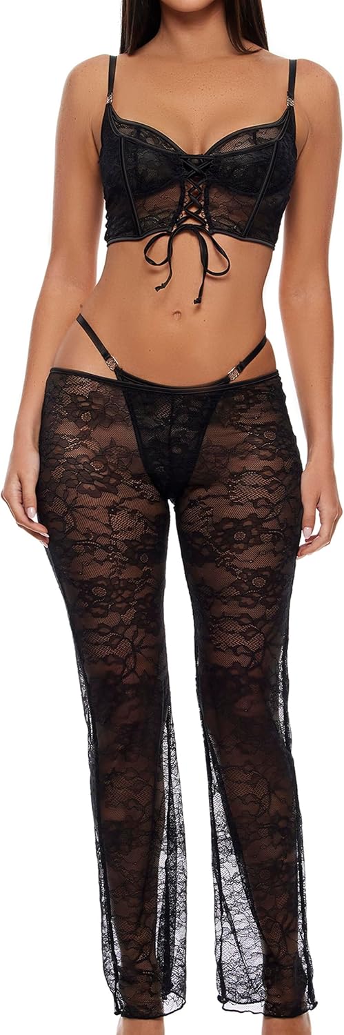 Forplay Layer of Seduction 3-Piece Layered Lace Longline Bra and Pants Set - Black
