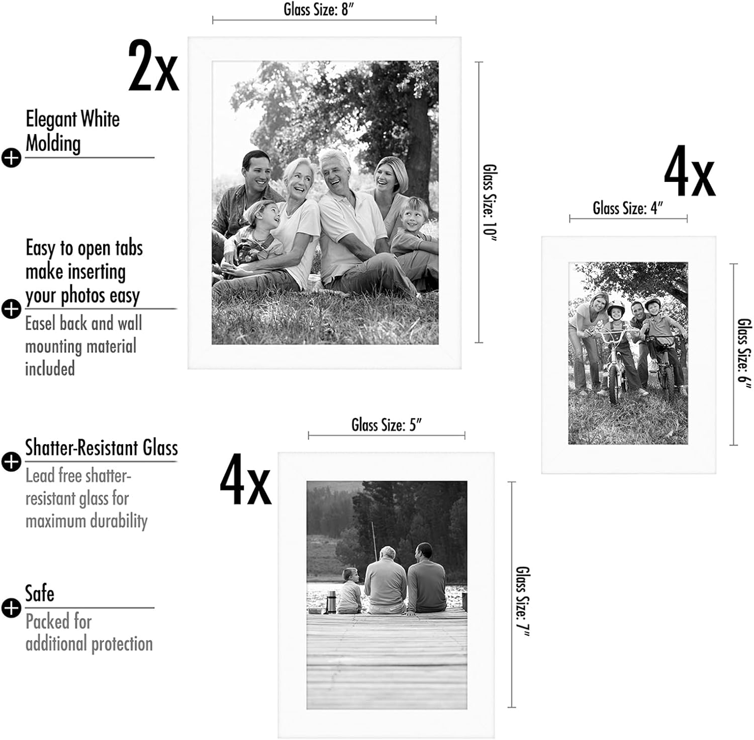 Americanflat 10 Piece White Gallery Wall Picture Frame Set in 8x10, 5x7, and 4x6 - Composite Wood with Shatter Resistant Glass - Horizontal and Vertical Formats for Wall and Tabletop -