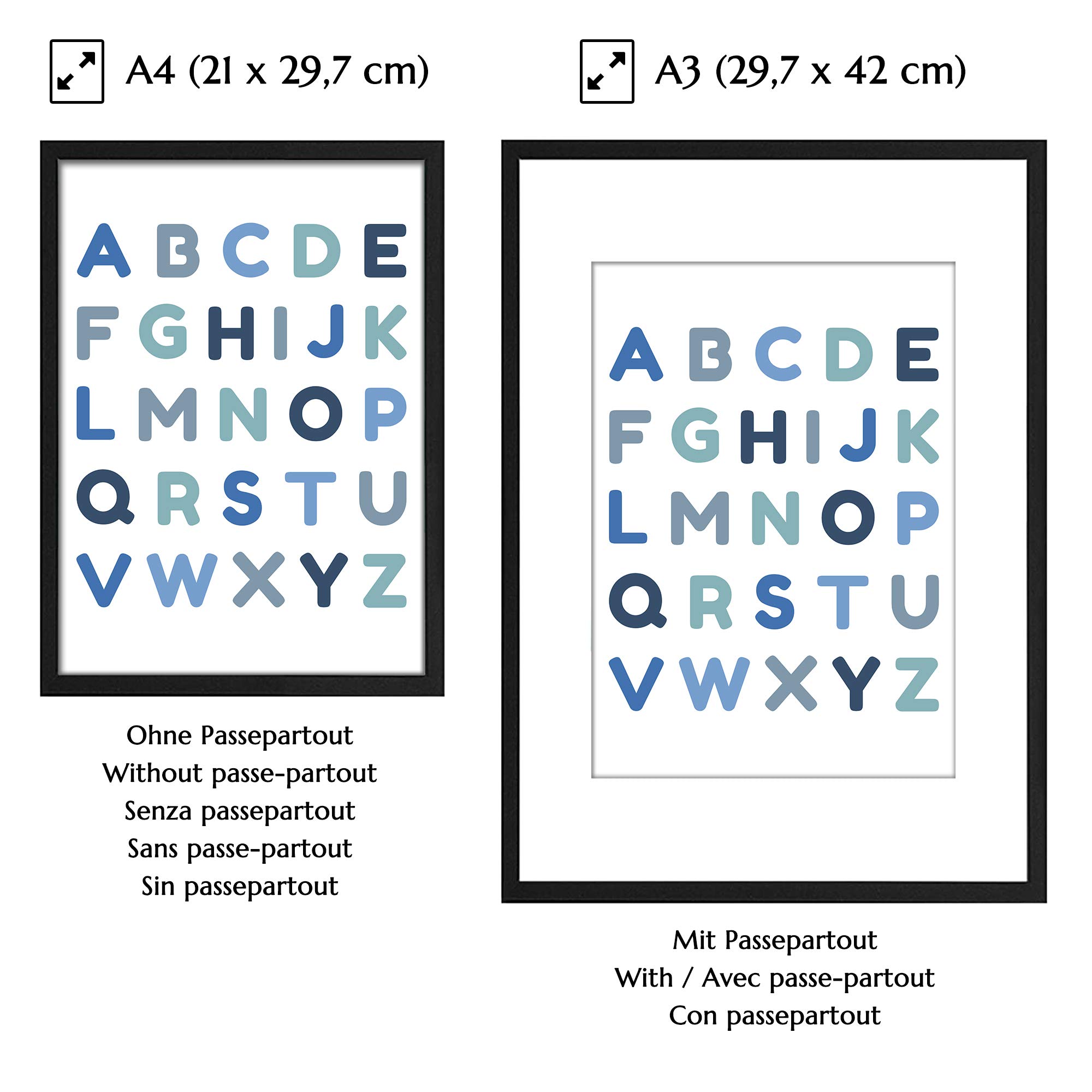 PREMYO 3 Plakat Dekoracja ściany - Dekoracja pokoju dziecięcego chłopca - Alfabet ABC Tęcza Niebieski Gruby Papier A4