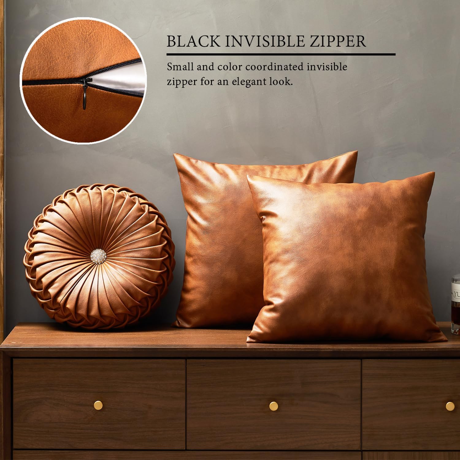 EUCIOR Faux Leather Throw Pillow Covers 20X20 Set of 2,Luxury Cognac Brown Modern Pillowcases Solid Decorative Square Cushion Cases for Room Couch Living Bedroom Bed Sofa