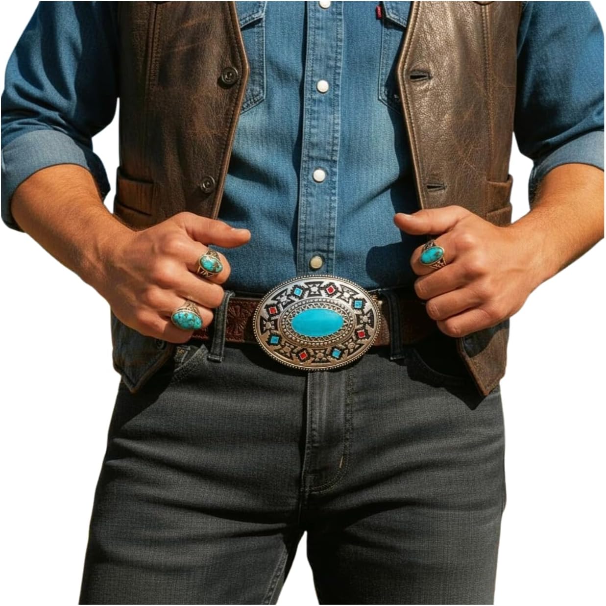 Men Western Fashion Belt Buckle Silver Metal Ethnic Cowboy Turquoise Blue Native Style