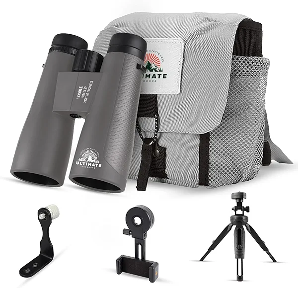 Ultimate Outdoors 12x50 HD Binoculars for Adults – Powerful Waterproof Binoculars with Phone Adapter & Tripod Mount | BaK-4 Prism for Bird Watching, Hunting, Stargazing, Travel & Cruise - Grey