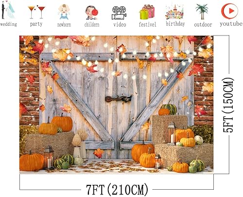 Miniatura 2 de AIIKES Telón de fondo de otoño de 6 x 4 pies para otoño, cosecha de calabaza, puerta de granero, fotografía, poste de luz, hojas de arce, pajar,