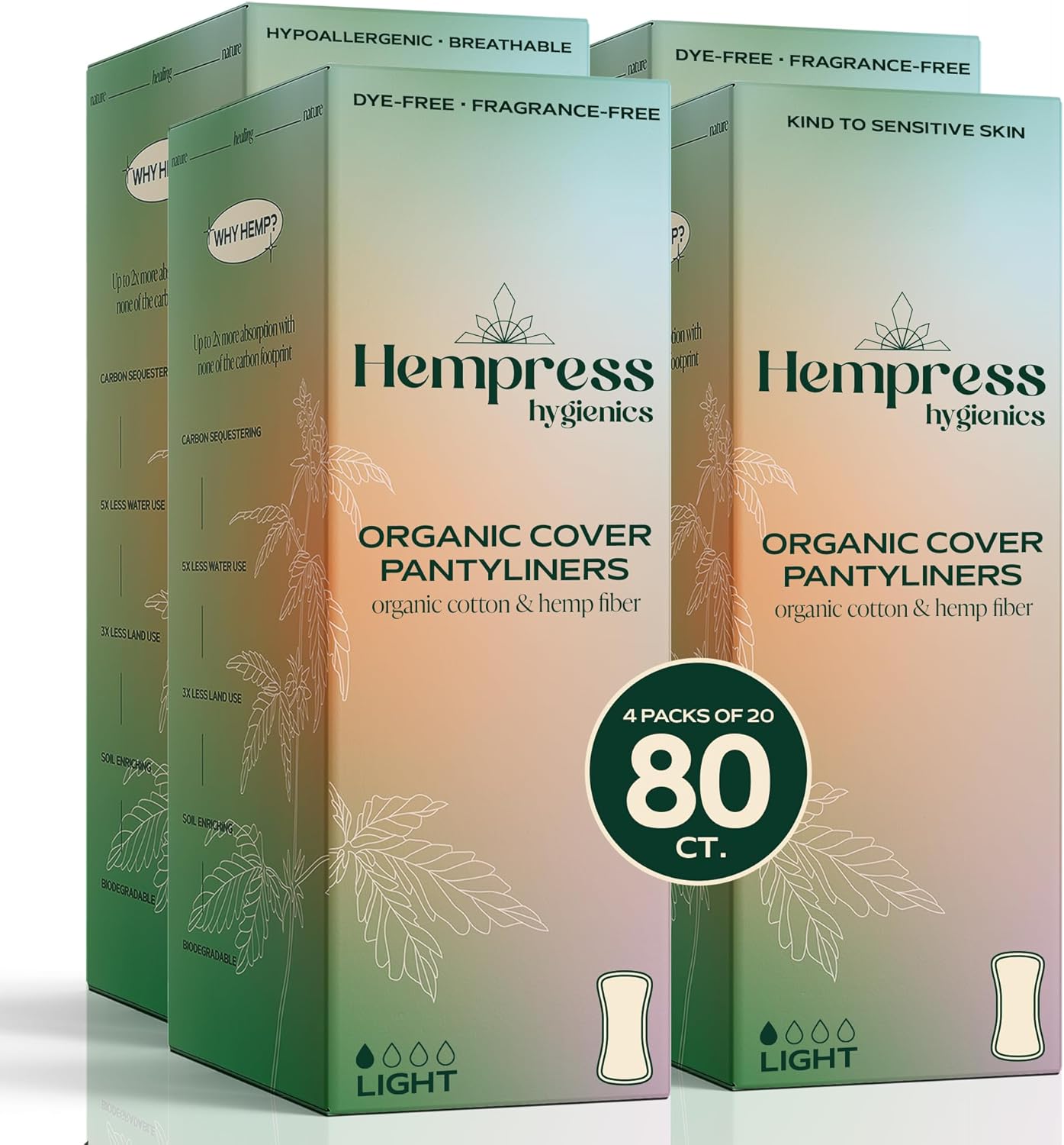 Hempress Panty Liners for Women, Organic Pads for Feminine Care, Light Absorbency, Ultra Thin and Comfortable Menstrual Liners, Breathable Cotton, Fragrance Free & Gentle on Sensitive Skin (80 Count)