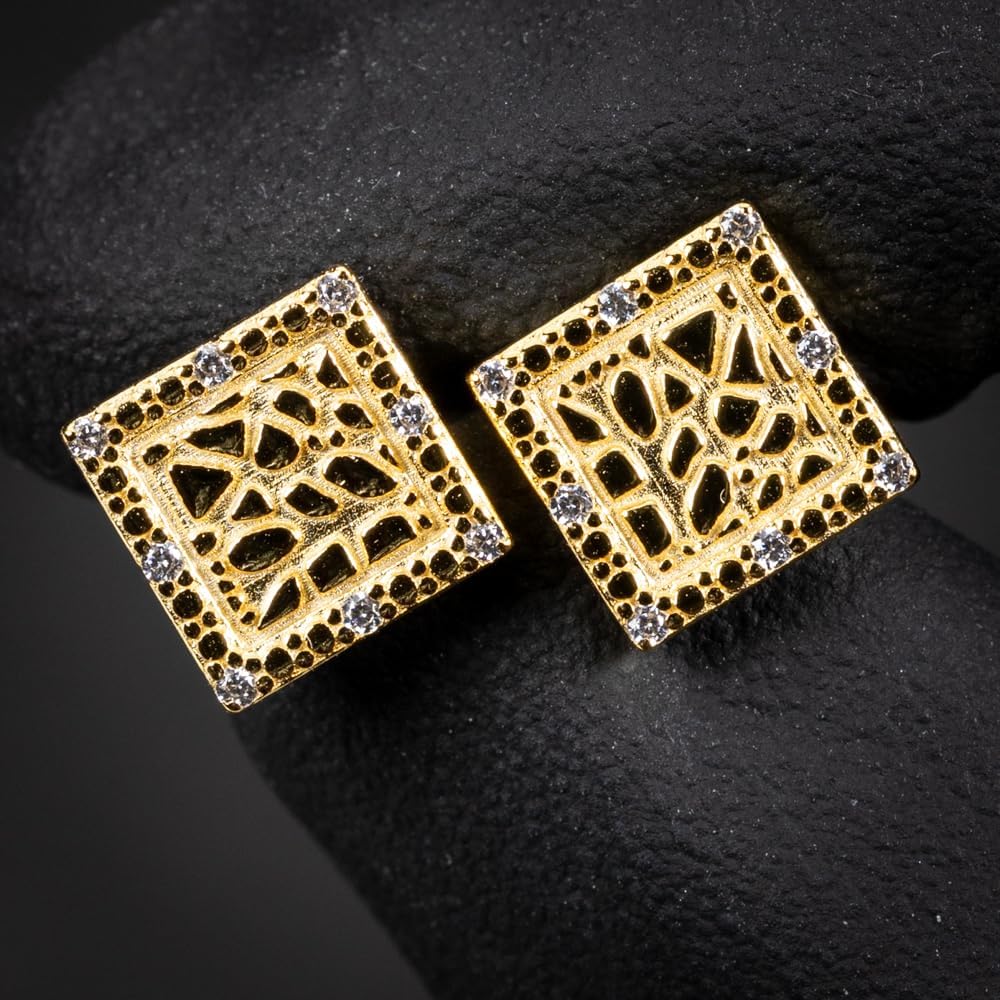 Retro 90's Hip Hop Square Shape 14K Yellow Gold Plated 925 Sterling Silver 3D Ice Out Cz Hypoallergenic 9mm Solid Gold Textured Nugget Stud Screw Back Post Earrings For Men - Image 5