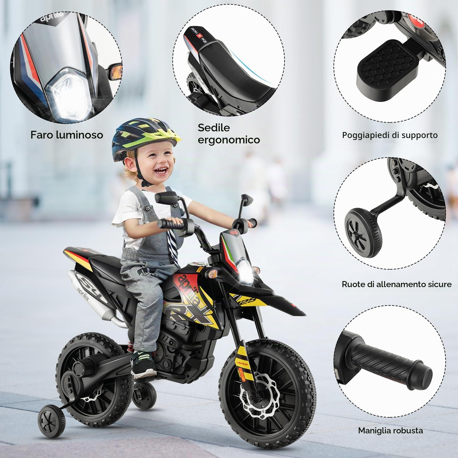 GYMAX Moto Elettrica 12V, Moto per Bambini con 2 Ruote di Supporto, Faro, Musica per Bambini 3-8 Anni, Veicolo per Bambini con Doppio Motore e Ammortizzatori, 5,5-6 km/h (Nero-Giallo)