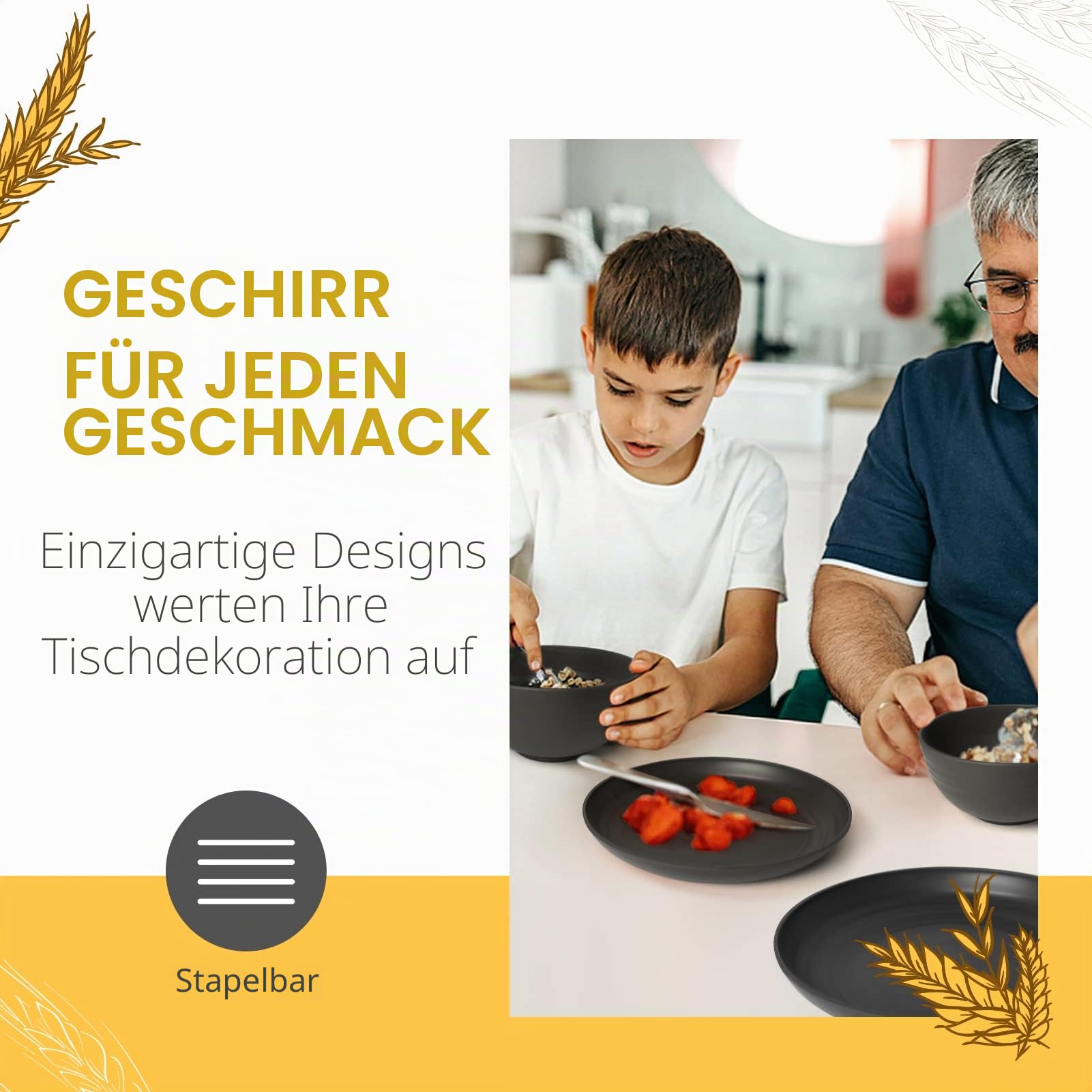 Teivio 16-teiliges Plastikgeschirr Set, Service für 4, Speiseteller, Dessertteller, Müslischalen, Tassen, unzerbrechliche Kunststoffteller und Schalen, Outdoor Camping Geschirr, Schwarz