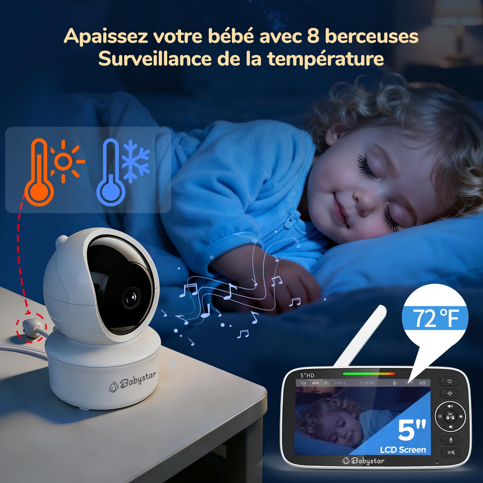 Babystar Babyphone avec caméra Écran 5 Pouces HD 720P Moniteur bébé sans WLAN, Batterie 4000mAh, Rotation de 355° Camera Bébé, Vision Nocturne, VOX, Température, Talkie-Walkie, 8 Berceuses