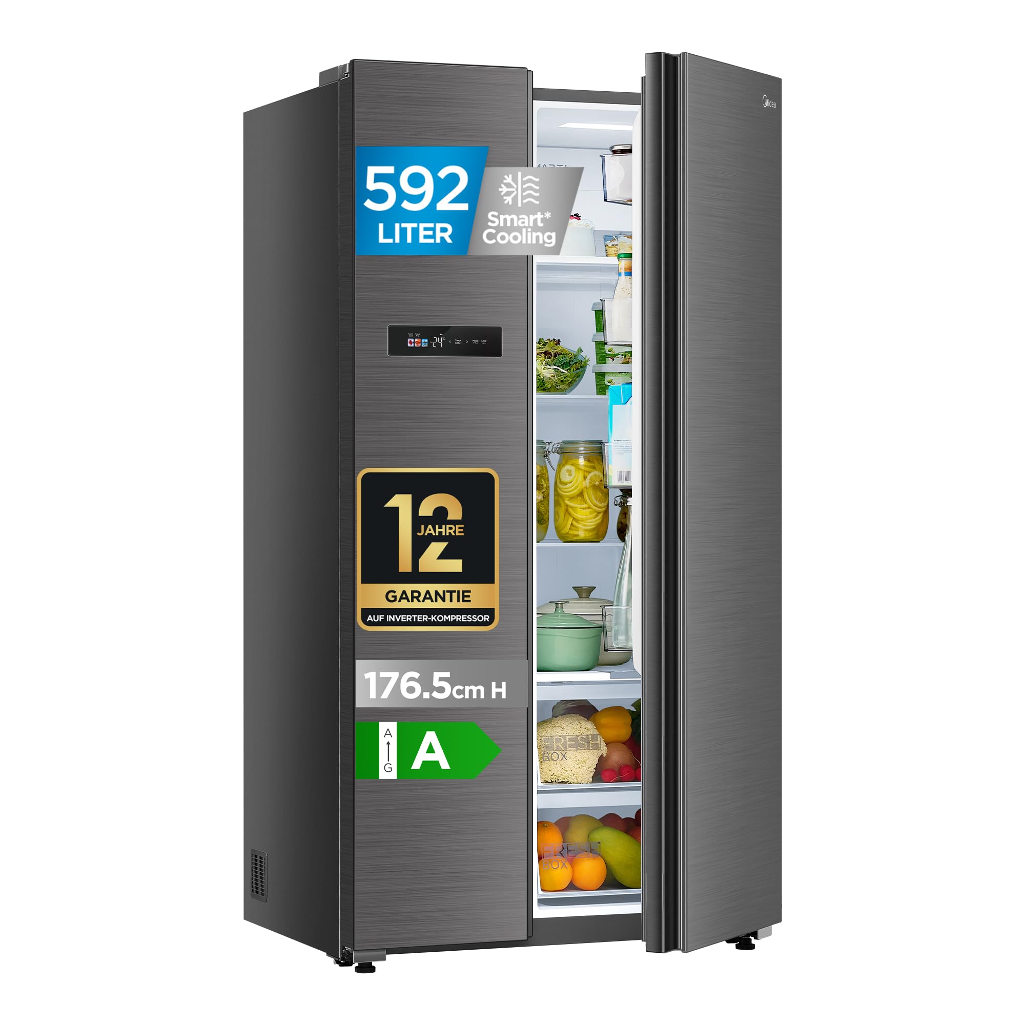 Midea Side-by-Side Kühlschrank 592 L, No Frost, 35 dB, Humidity Control | Dual-Inverter, Multi-Air-Flow, SuperCool & Freeze, Aktive Geruchsneutralisation, 179,3 cm H, Bru-Stahl, MDRS791MYA46
