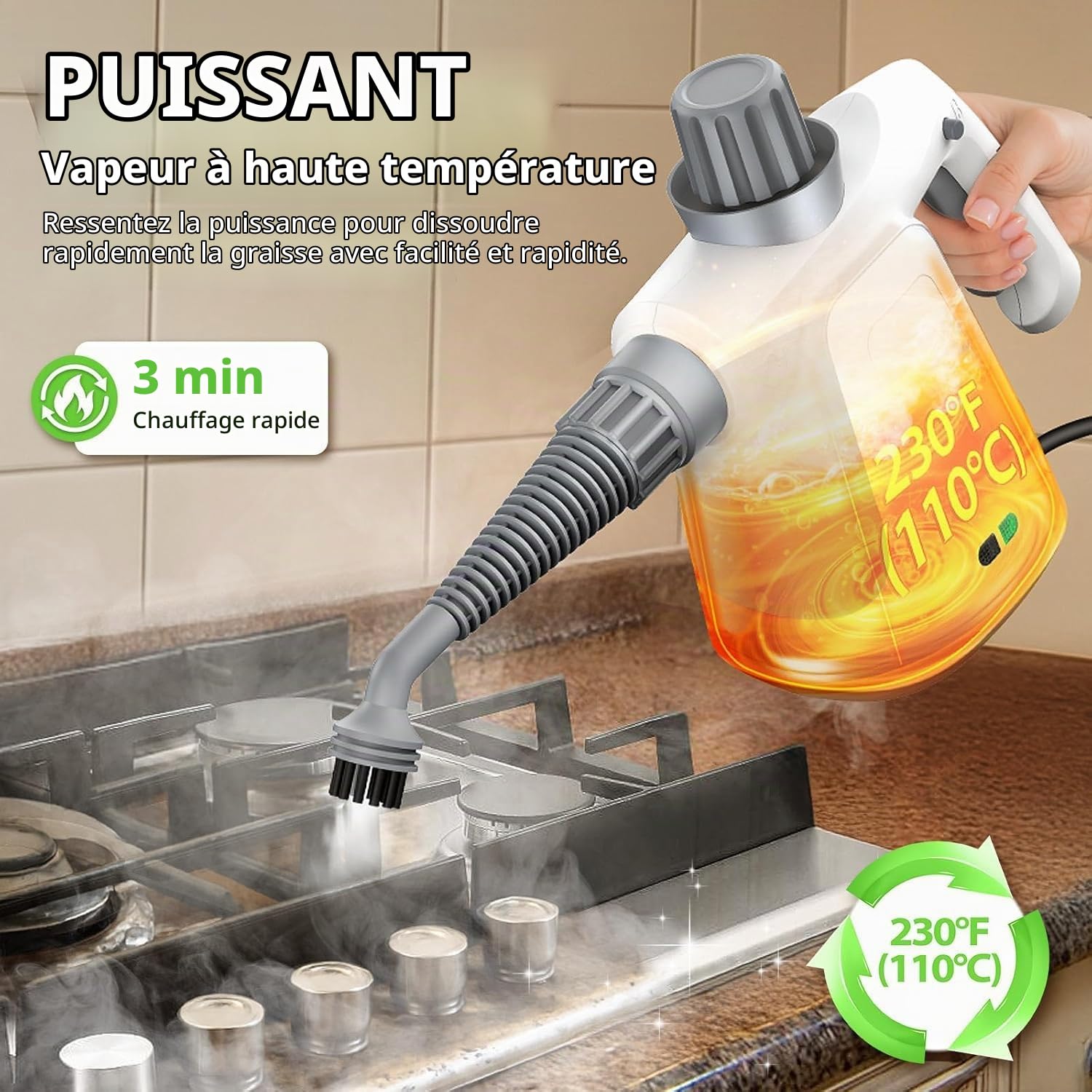 Nettoyeurs Vapeur électriques Portable Nettoyeur Vaporisateur Appareil Vapeur a Main Haute Pression Professionnel Cuisine, Salle de Bain, Voiture, Vitre, Joint Carrelage, 1050W, 3.2 Bar 400ml