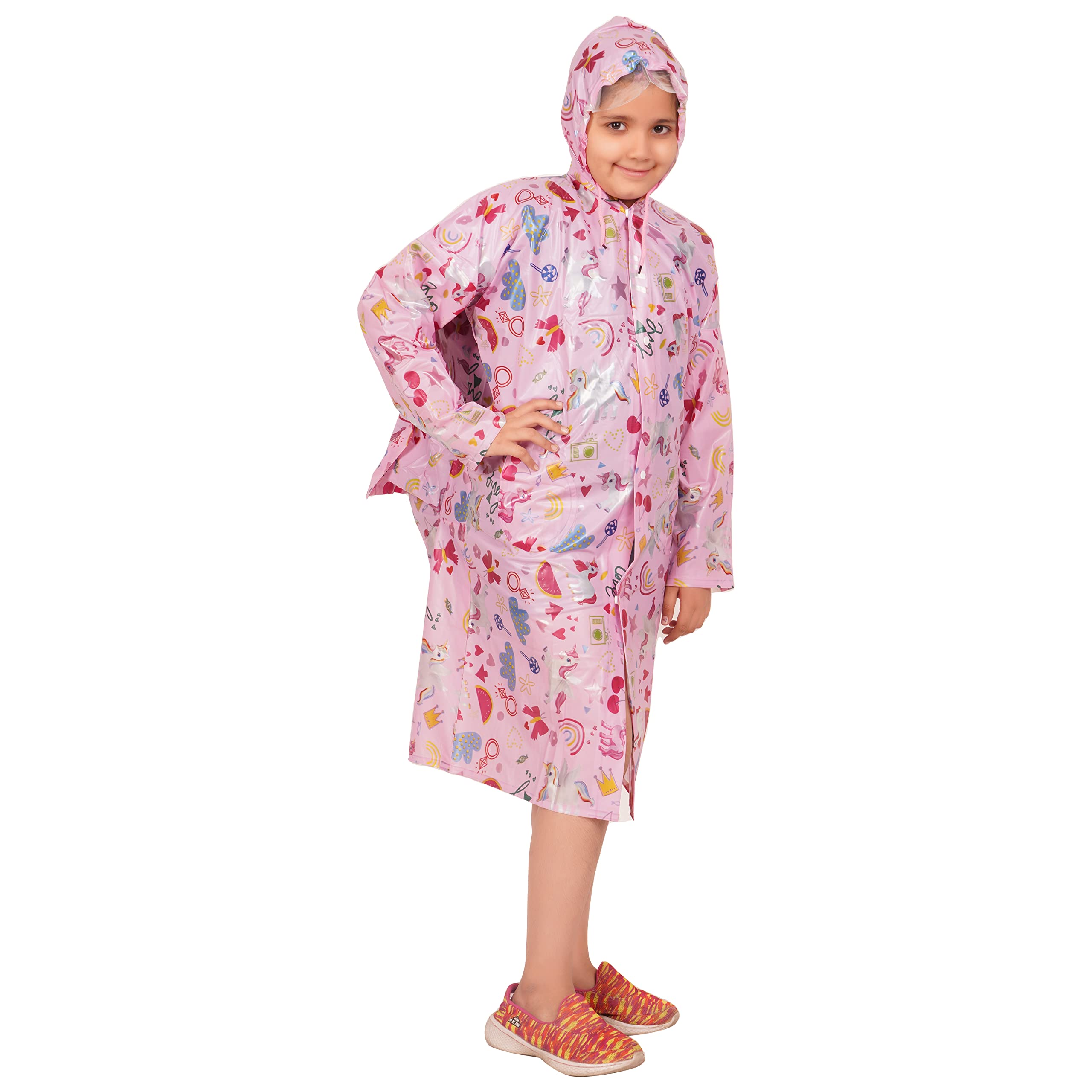CHACKO Raincoat for Kids, Polyester Raincoat for School Boys & Girls with Hood, Pockets and School Bag Coverage Bright Color_Pink,9-10 Year - Image 5 thumbnail