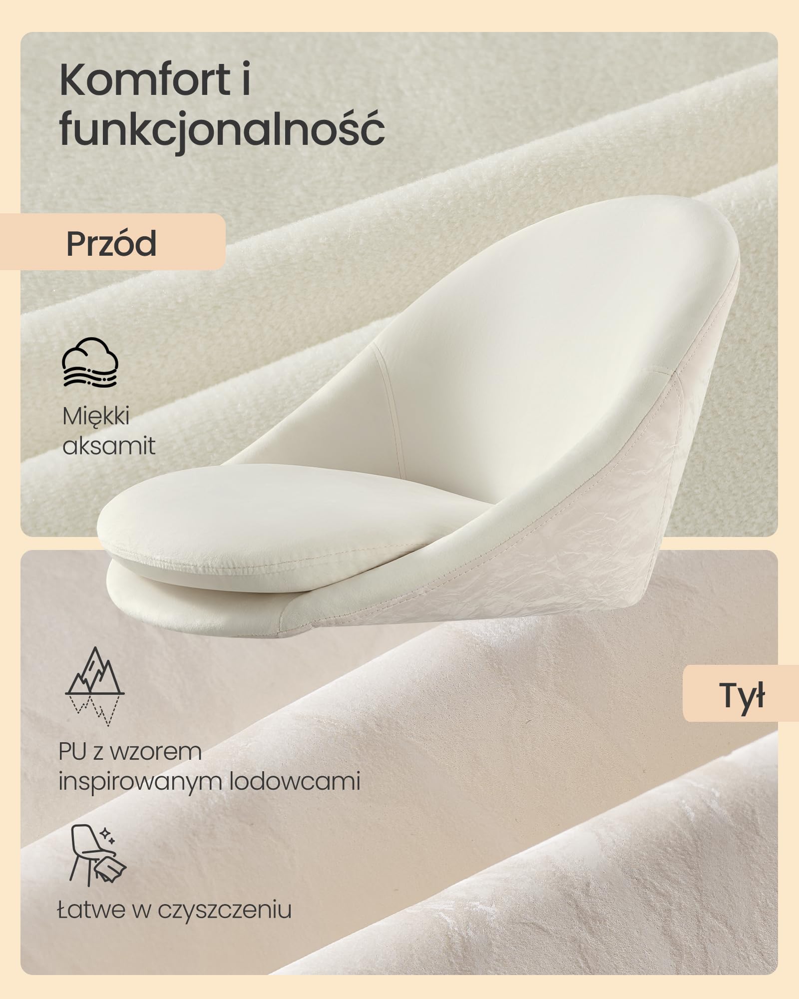 SONGMICS Krzesło biurowe, krzesło obrotowe, krzesło biurkowe, aksamitny przód, piankowa wyściółka, regulowana wysokość, do domowego biura, gabinetu, sypialni, Cloud White OBG020WD02