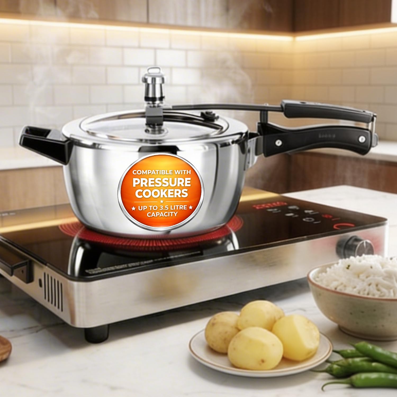 Glen Infrared Cooktop with a pressure cooker, indicating compatibility up to 3.5 litre capacity