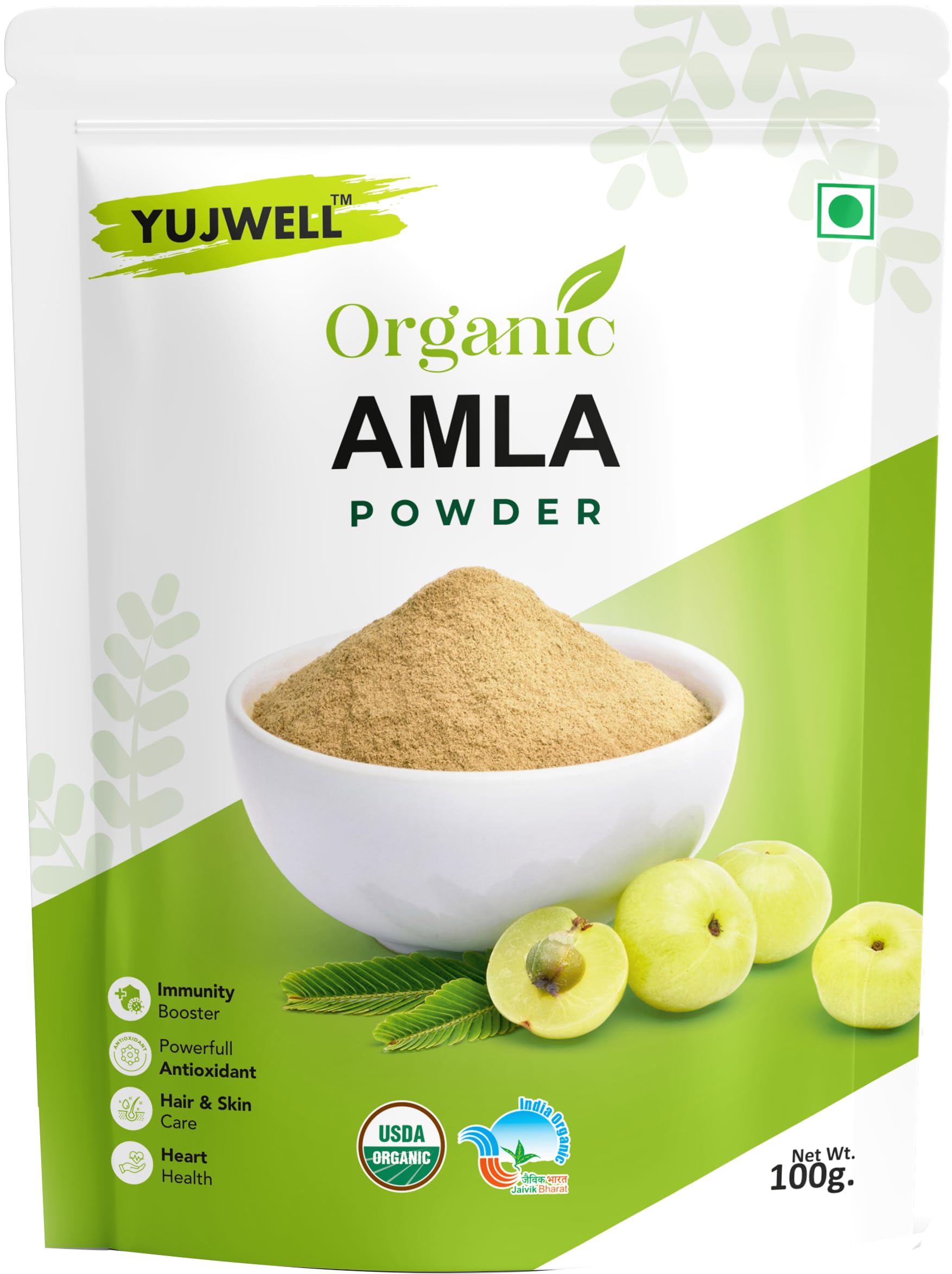 YUJWELL Certified Organic Amla Powder 100g | Natural Superfood | Vitamin C & Antioxidant Rich | Supports Immunity, Hair, Skin, Gut & Heart Health | Ideal For Hair & Face Mask | USDA & India Organic Certified