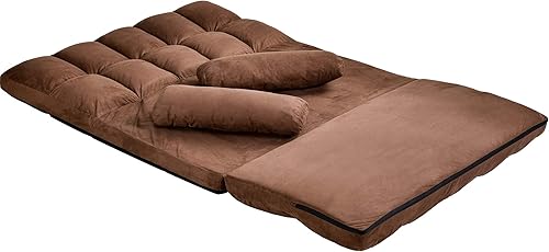 Miniatura 14 de LZ LEISURE ZONE Sofá cama Lazy Sofá cama ajustable para juegos, sofá plegable para juegos, futón con 2 almohadas (azul) Azul,Marrón