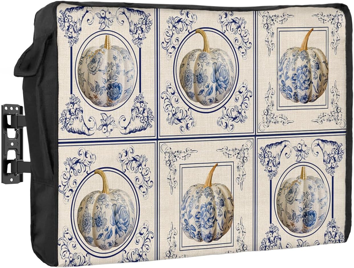 Outdoor TV Cover - Thanksgiving Vintage Pumpkin Squirrel Sunflower Maple Leaves Waterproof and Weatherproof 60"-65" LCD Movable Shield TV Display Screen Protector Outside Television Covers