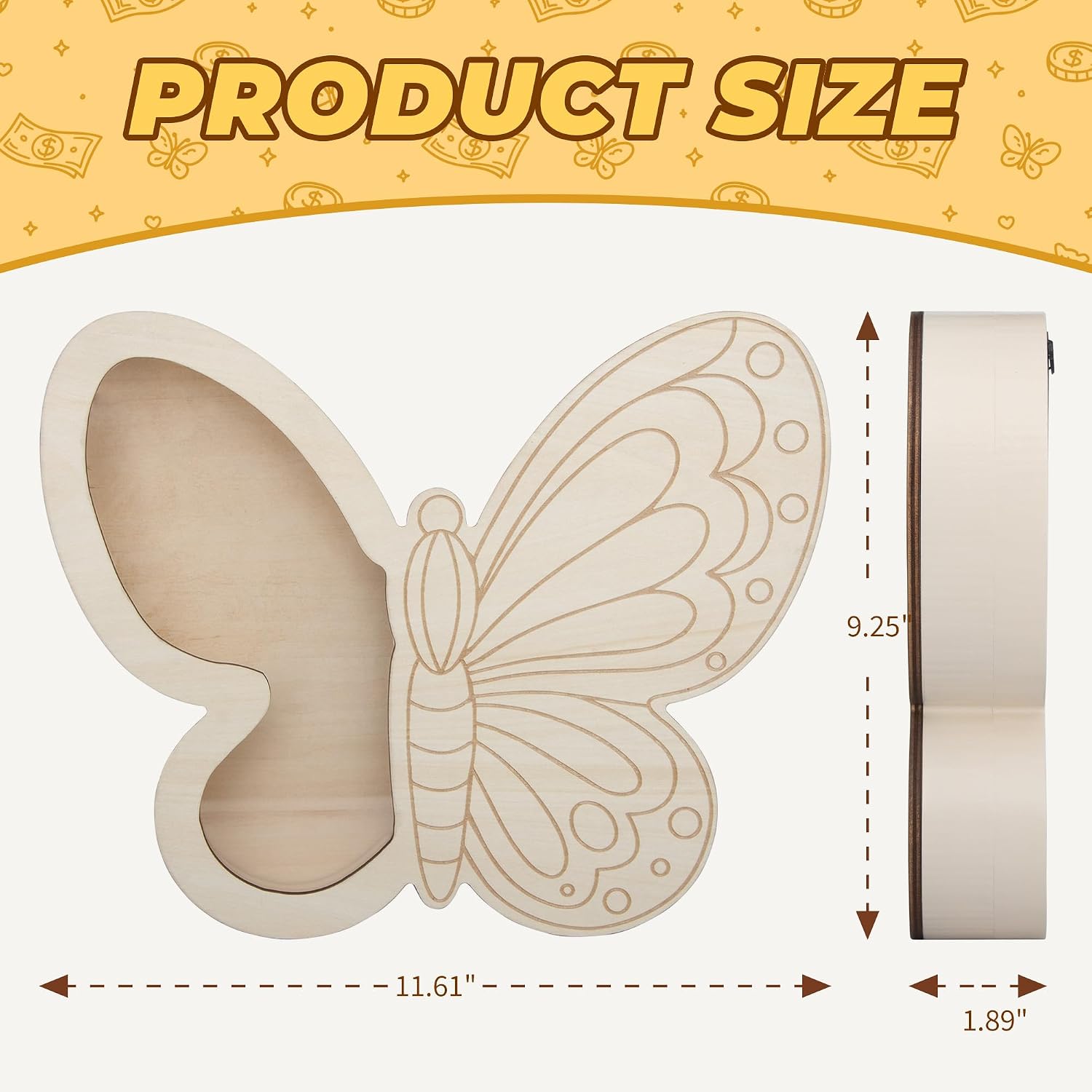 Butterfly Piggy Bank for Kids, Paint Your Own DIY Butterfly Bank with Clear Window, Wooden Savings Box for Coins and Bills, Room Decor Gift