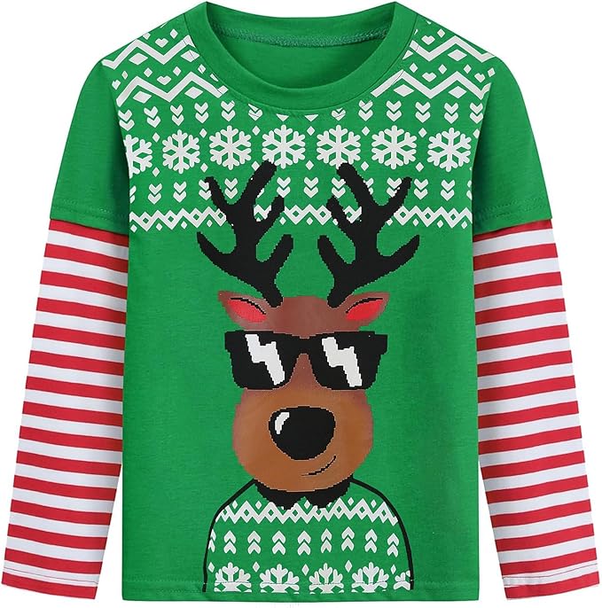 Toddler Boys Girls Christmas Shirts Red White Stripe Long Sleeve Tees Kids Reindeer T-Shirt Ugly Xmas Clothes Tops 2-7 Years