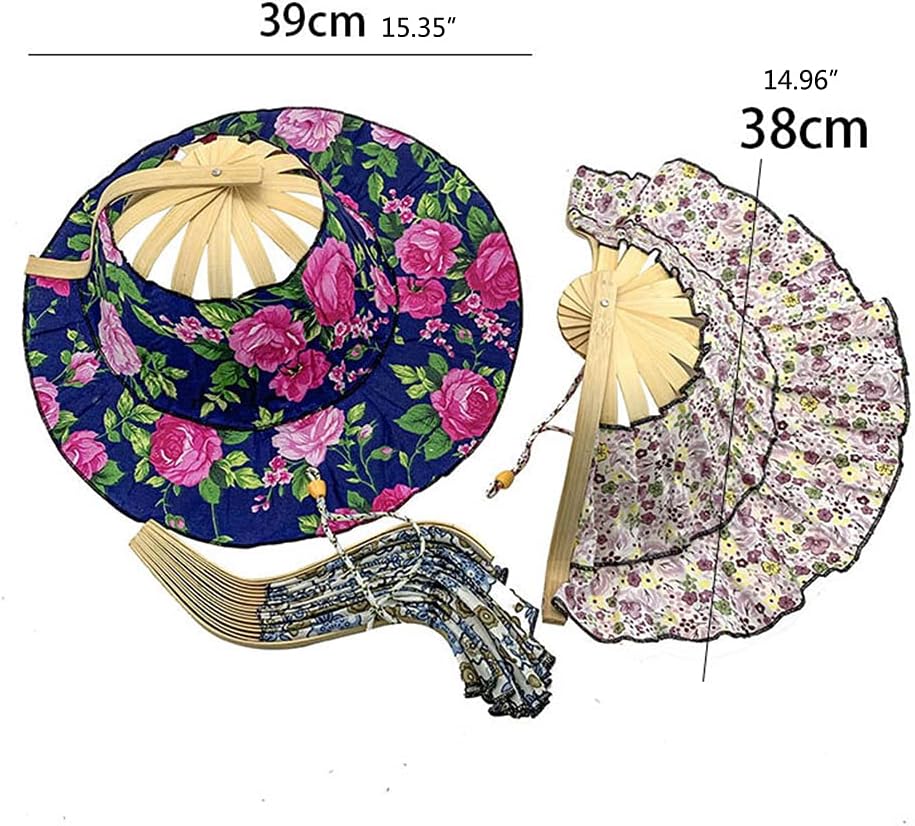 Foldable Hand Fan Sun Hat 2 in 1 Chinese Portable Floral Printed Handheld Fan Beach Cap Hat Chinese Folding Small Folding