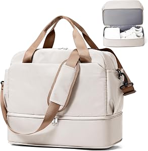 Travel Duffel Bag Sports Gym Tote Bag for Women, Weekender Carry on Luggage Bag for Airplanes, Lightweight Overnight Shoulder Bag Waterproof Beach Hospital Bag with Shoes Compartment,E01-Beige Brown