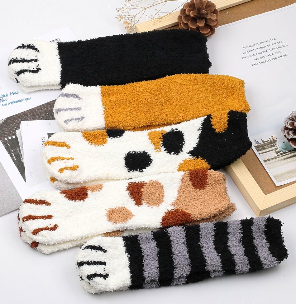 cat paw socks for women, Cozy fluffy Socks with Soft Fuzzy Lining, Cute Warm Winter Home Socks, 5 Pairs - Image 4