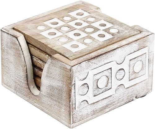 Juego de 6 posavasos de madera blanqueados para bebida, té, mesa de café, posavasos blancos envejecidos con soporte, comedor, decoración del hogar