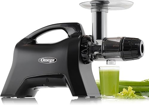 Omega Exprimidor NC1000MB13 Extractor de jugo y sistema de nutrición de masticación lenta sin BPA, con motor silencioso y marcha atrás, fácil de