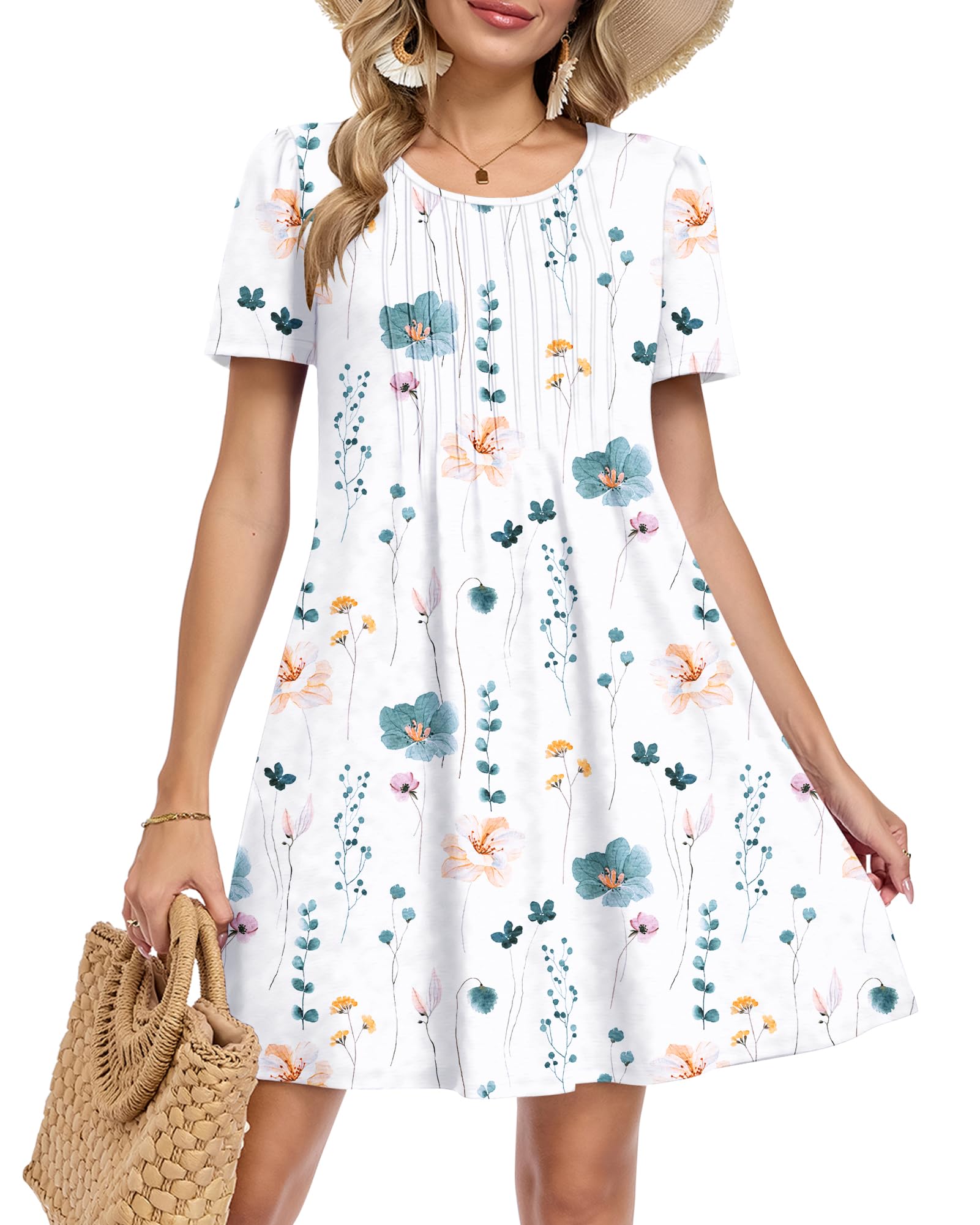 Molerani Women's 04-Elegant Flowers Summer Midi Dress - Round Neck Casual Dresses Short Sleeve Loose Swing Casual Dress With Pockets Elegant Flowers Xl