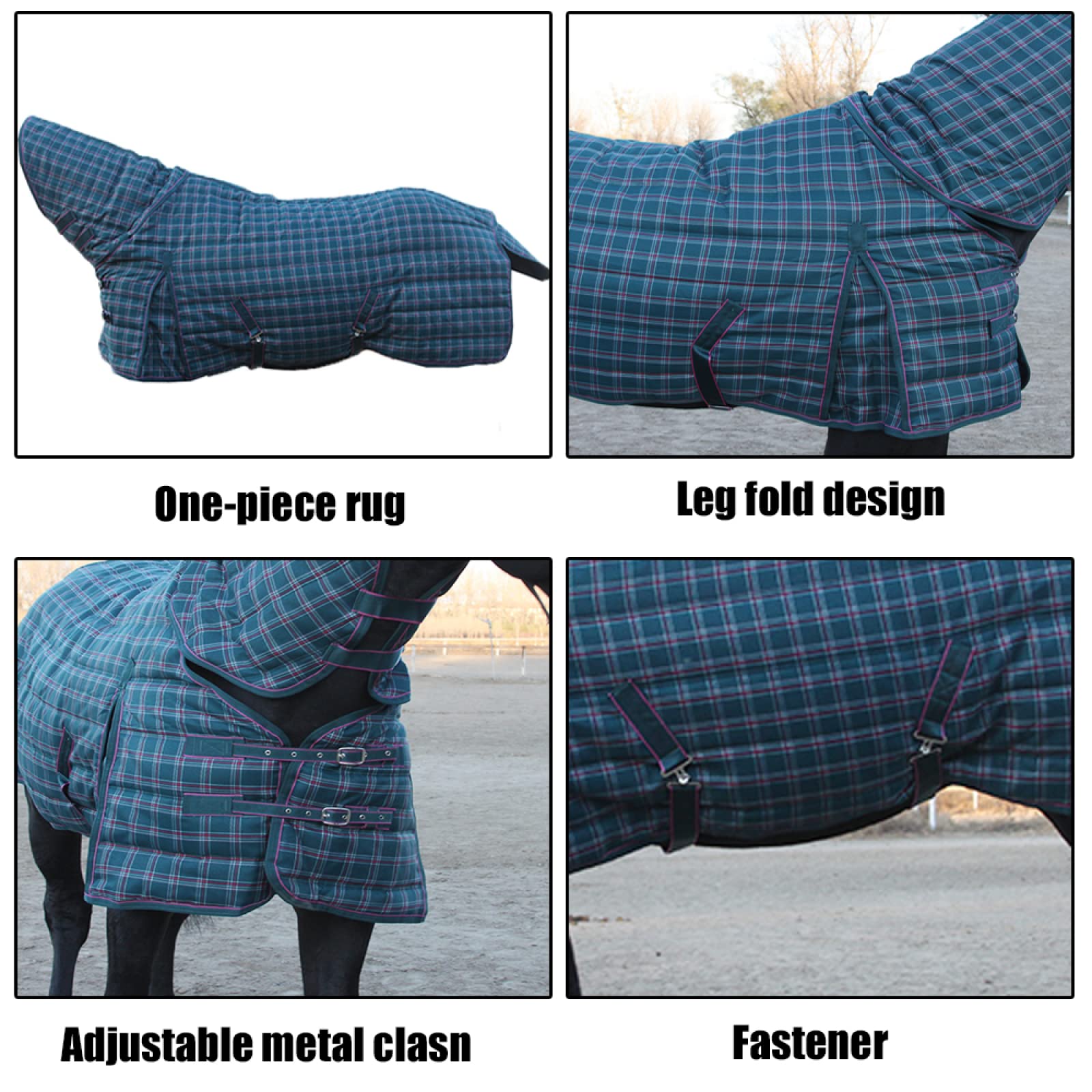 Peso del caballo Turnout Alfombra, Jersey De Caballo Conjunto Engrosado A Cuadros Azules, Manténgase Abrigado En Invierno, con Cuello No Desmontable Jersey De Caballo Manta Exterior De Tejido Ripstop