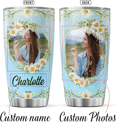 Miniatura 2 de Vaso de café personalizado con diseño de margaritas y flores, taza de viaje con tapa, foto con nombre personalizado, regalos de cumpleaños para