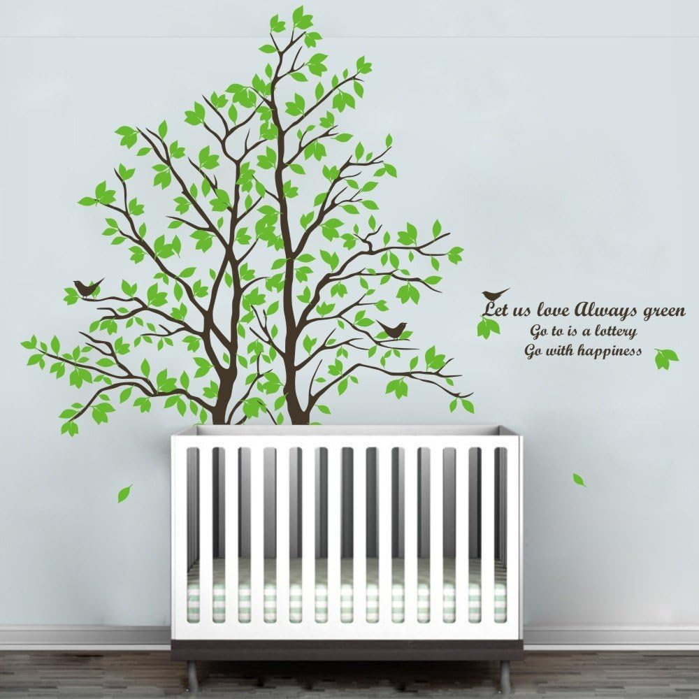 Lovers Tree Wall Decal & Romantic Wall Quotes "Let Us Love Always Green , Go To Is A Lottery , Go With Happiness" E(Large,Trunks Words Birds:Dark Brown Leaves:Dark Yellow)