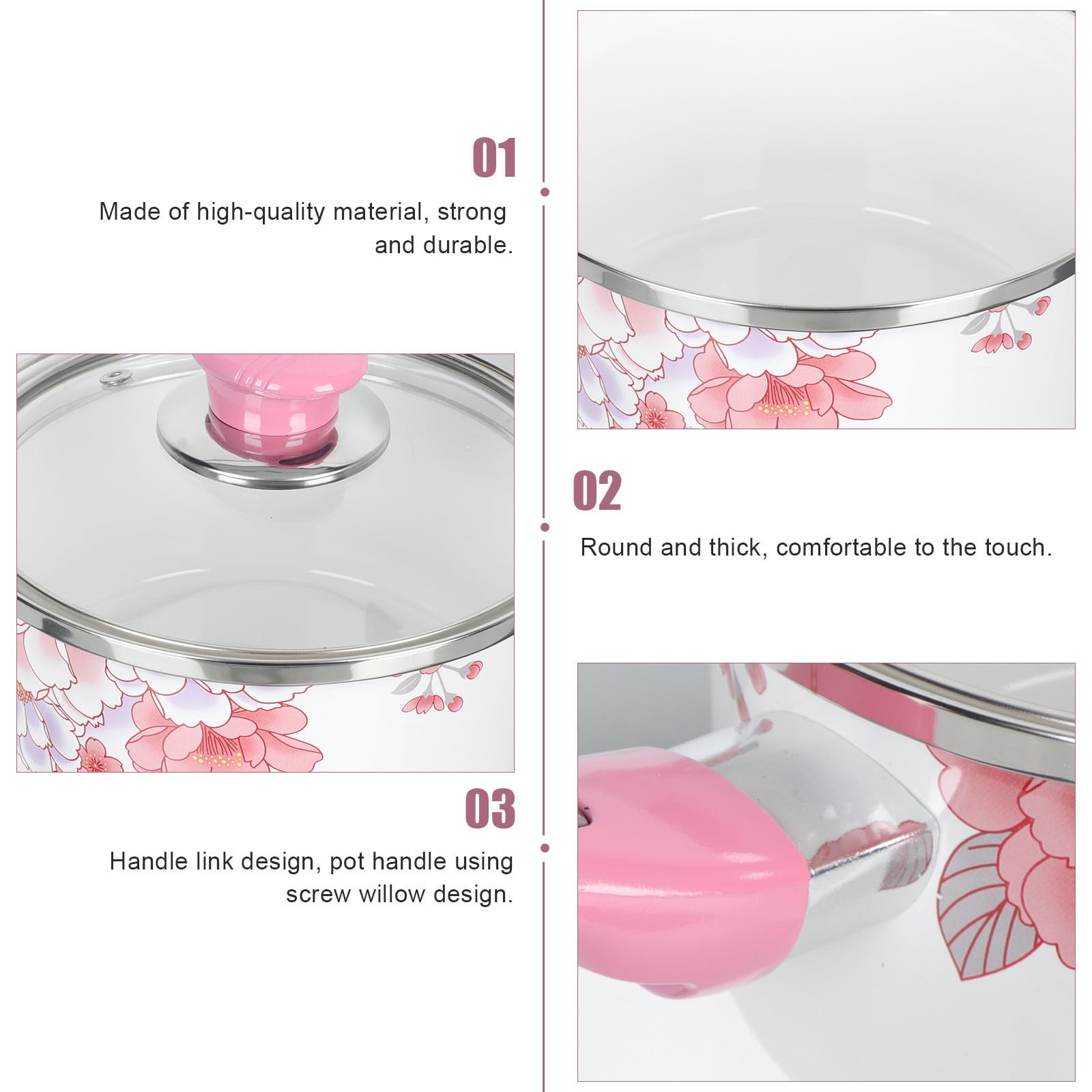Luxshiny Dicker Emaillierter Babytopf in Rosa mit Glasdeckel Runder Kleiner Kochtopf für Küche Komfortabel zu Greifen zum Nudeln Kochen und Hühner Zubereiten