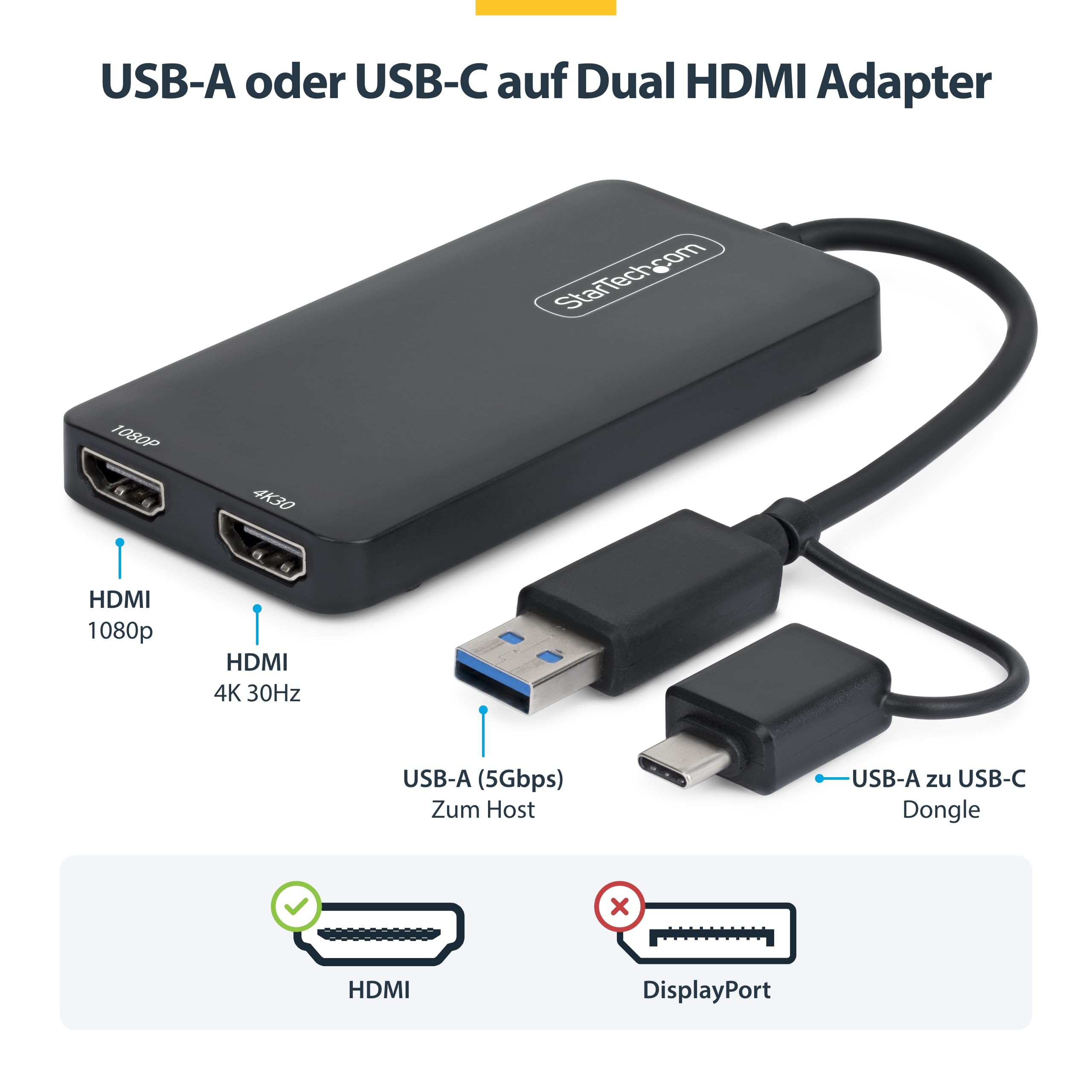 StarTech USB-A und USB-C auf Dual HDMI, 4K 30Hz, 1080p, Mac Windows | Dual-Monitor-Erweiterung, Für M-Series MacBooks, ChromeOS, Externe Grafikkarte, 11cm Kabel
