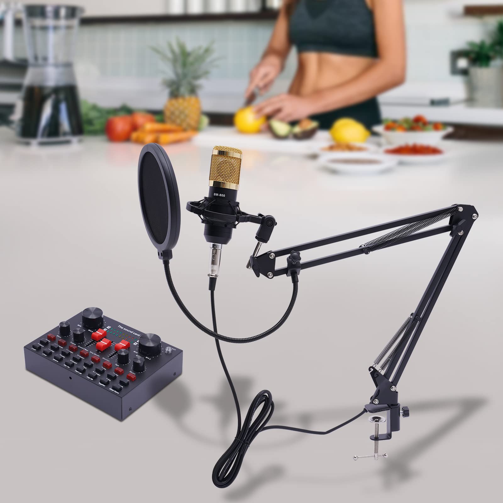 Audio Mixer Microfono a condensatore, Kit microfono da gioco, con scheda audio VBS e supporto per braccio del colletto, microfono USB, per streaming live, canto, gamer
