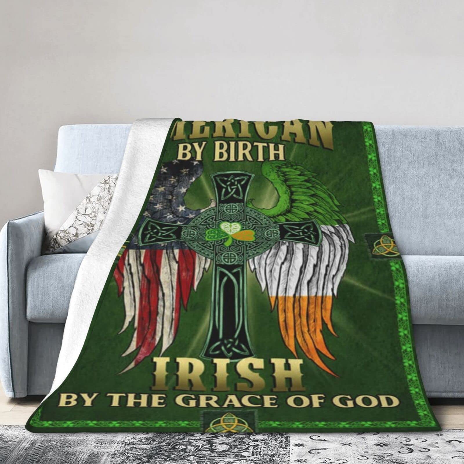 Lsjuee Flannel Fleece Blanket 50"X40" American by Birth. Irish by The Grace of God Sofa Throw Blanket Quality Ultra-Soft Travel Spring Blankets for Adult Keep Warm