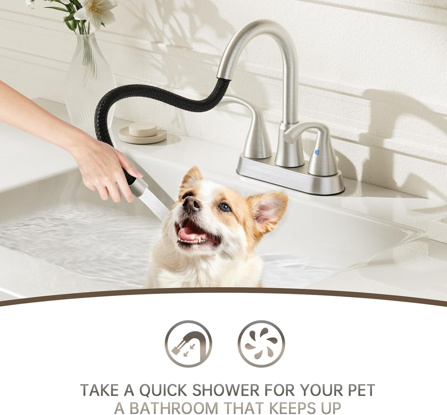 Phiestina 4 Inch Brushed Nickel Rotatable Centerset Bathroom Sink Faucet with Pull-Out Sprayer, Metal Pop-Up Drain, Water Supply Lines, Utility Laundry Faucet for 3-Hole Sinks,JC180CL-BN - Image 5